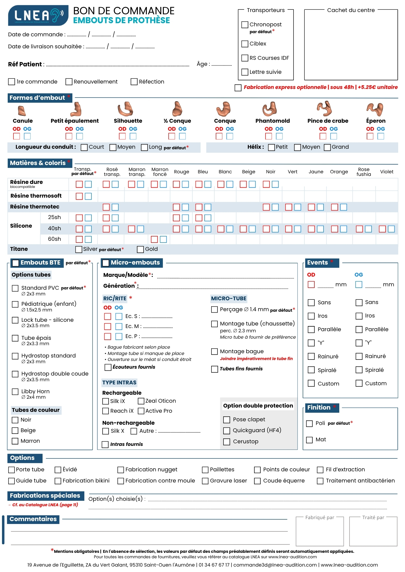 Bon de commande embouts de prothèse LNEA