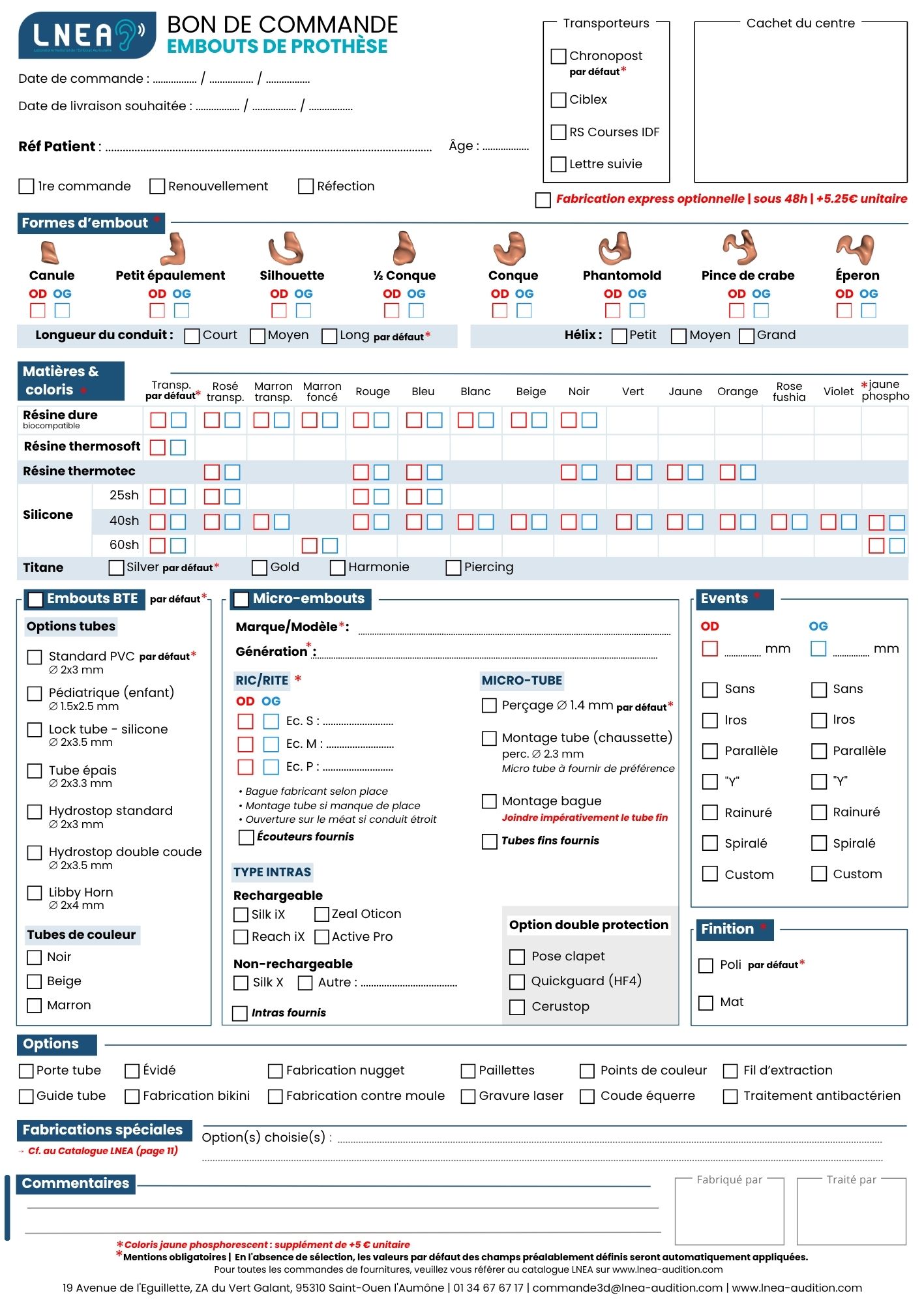 Bon de commande embouts de prothèse LNEA
